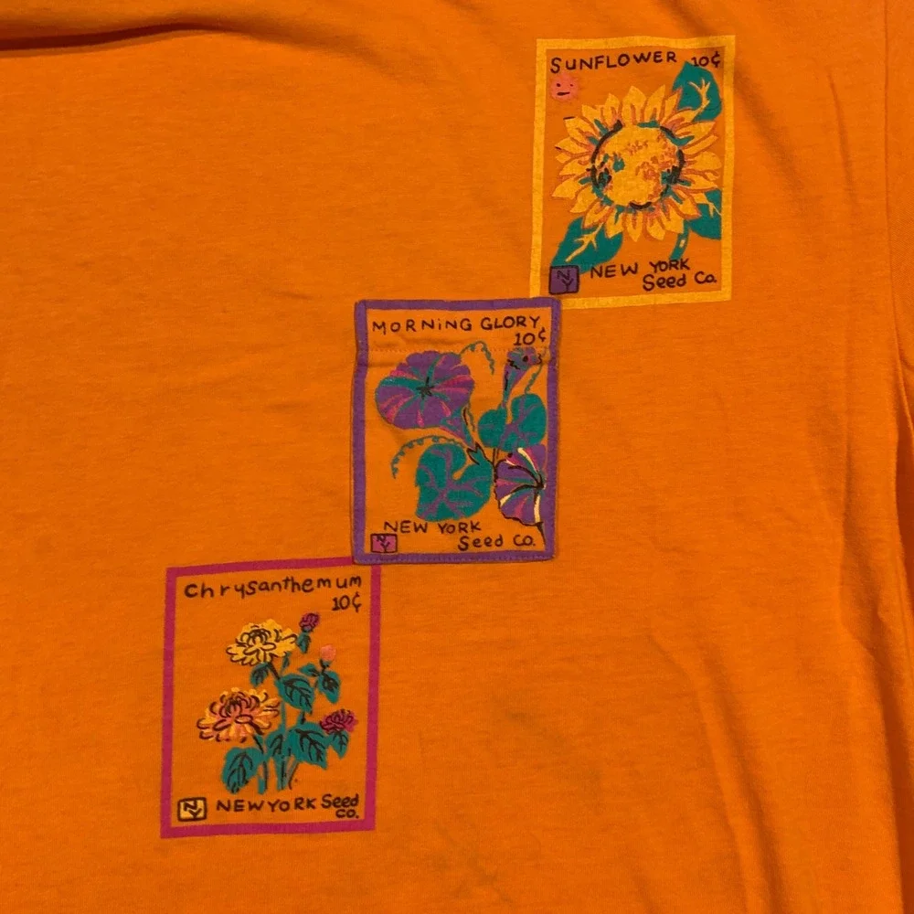 Roaman's T-Shirt Women 2X Orange Seed Packet Floral Graphic Tee Cottagecore Boho - Picture 3 of 6
